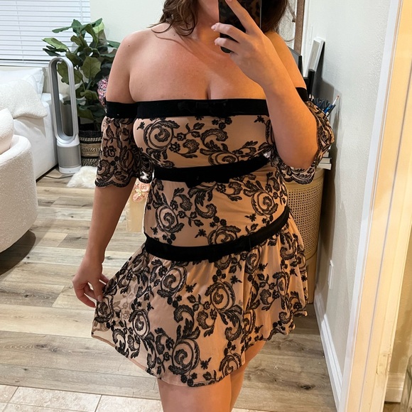 For Love & Lemons Clemece off-shoulder nude tulle mini dress - Picture 3 of 10